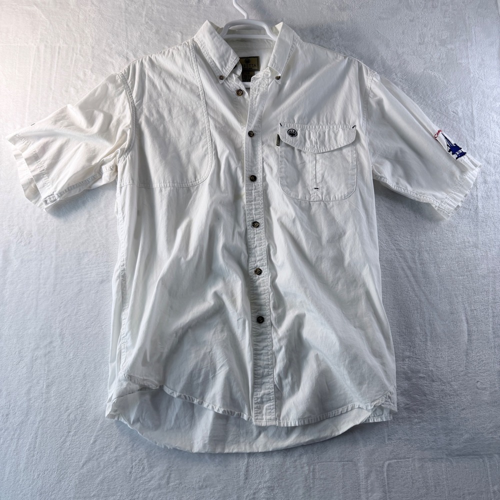 Beretta Shirt Button Up White‎ Short Sleeve Vented Back Shooting Patch Large